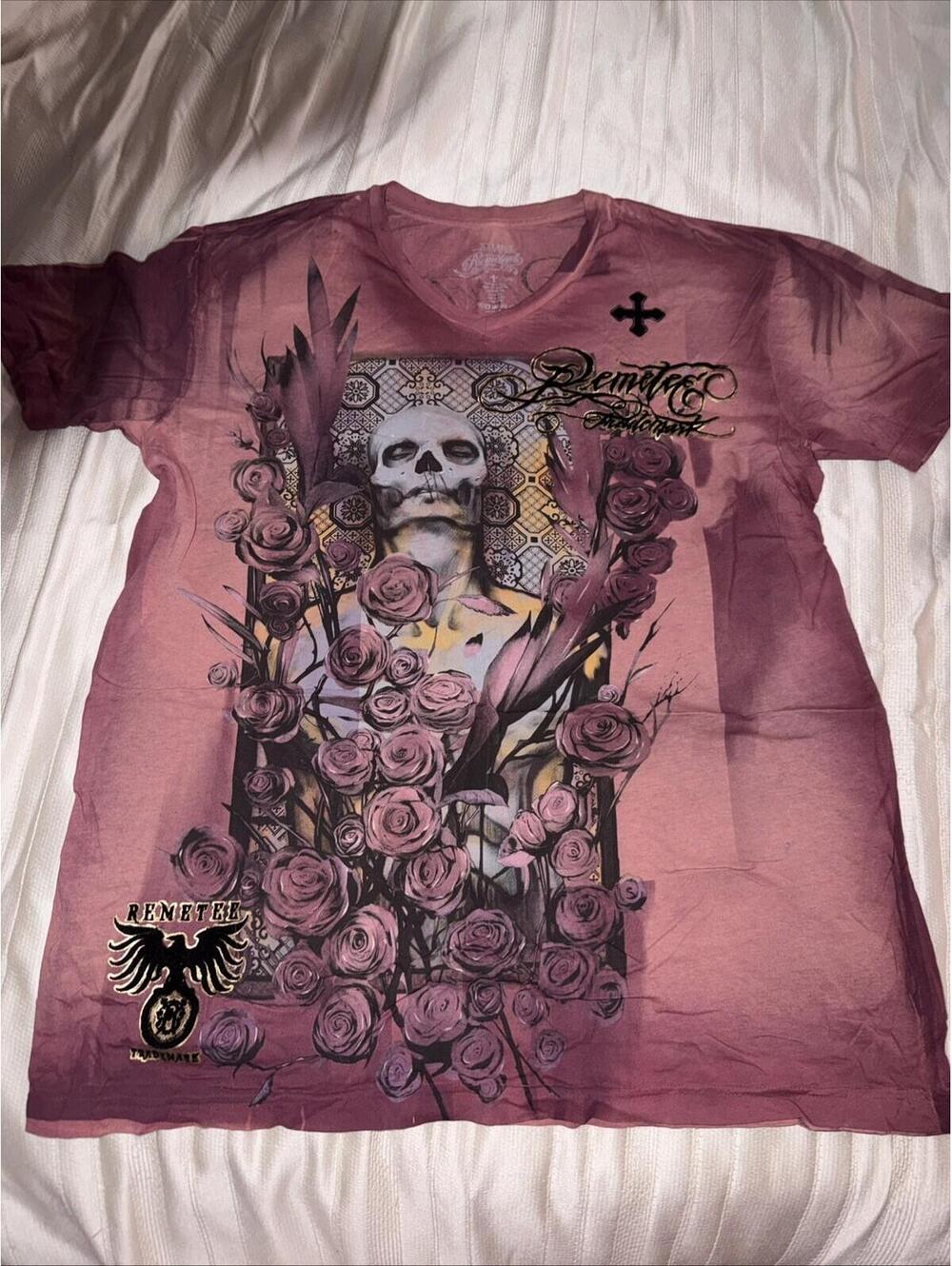 Remetee Trademark Tee Men's Shrit Size XXL Skull Rose Gold Print